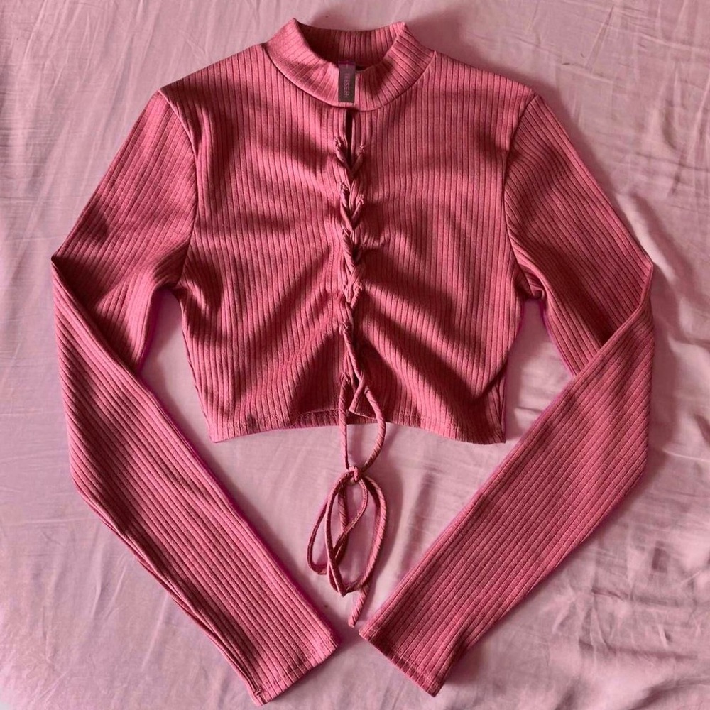 Lace Up Ribbed Dusty Pink Top with Mock Turtleneck by Tresser by Dollskill